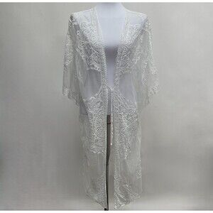 Highness Women's Long Cardigan Top Lace One Size Fits All White Sheer
